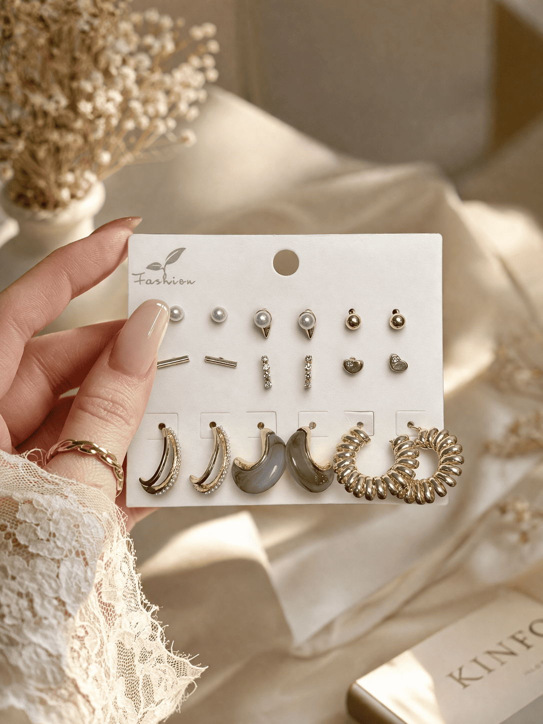 9’lu Kombin Küpe Seti – Altın & Gümüş Renk Minimal, İnci, Taşlı ve Halka Küpe Seti