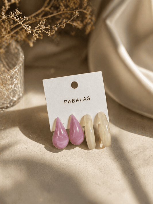 Kadın Küpe Seti Pembe Damla Küpe Bej Halka Küpe Akrilik Hafif Minimal Trend Şık Günlük Bijuteri Küpe